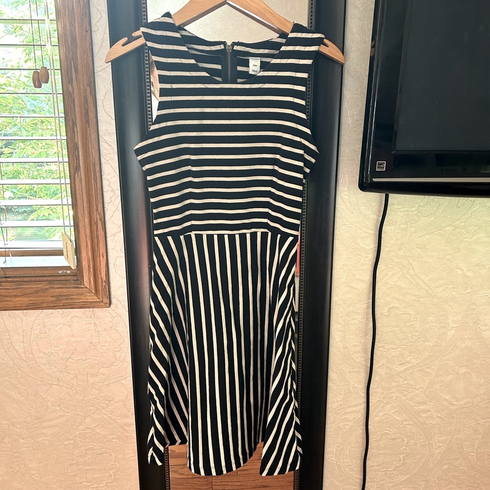 Cream and Black Striped Dress—Sleeveless/Knee Length